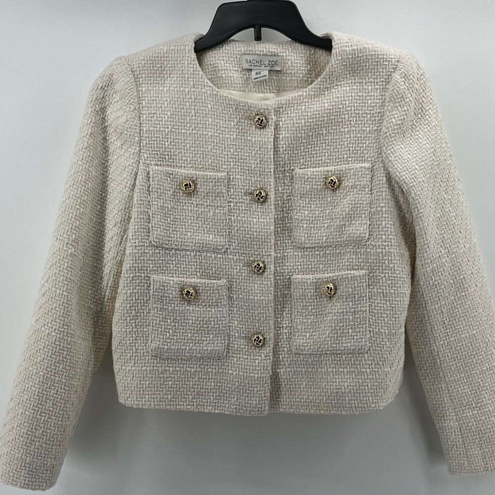 Rachel Zoe Cream White Tweed Cropped Jacket Gold Button Blazer Womens Medium